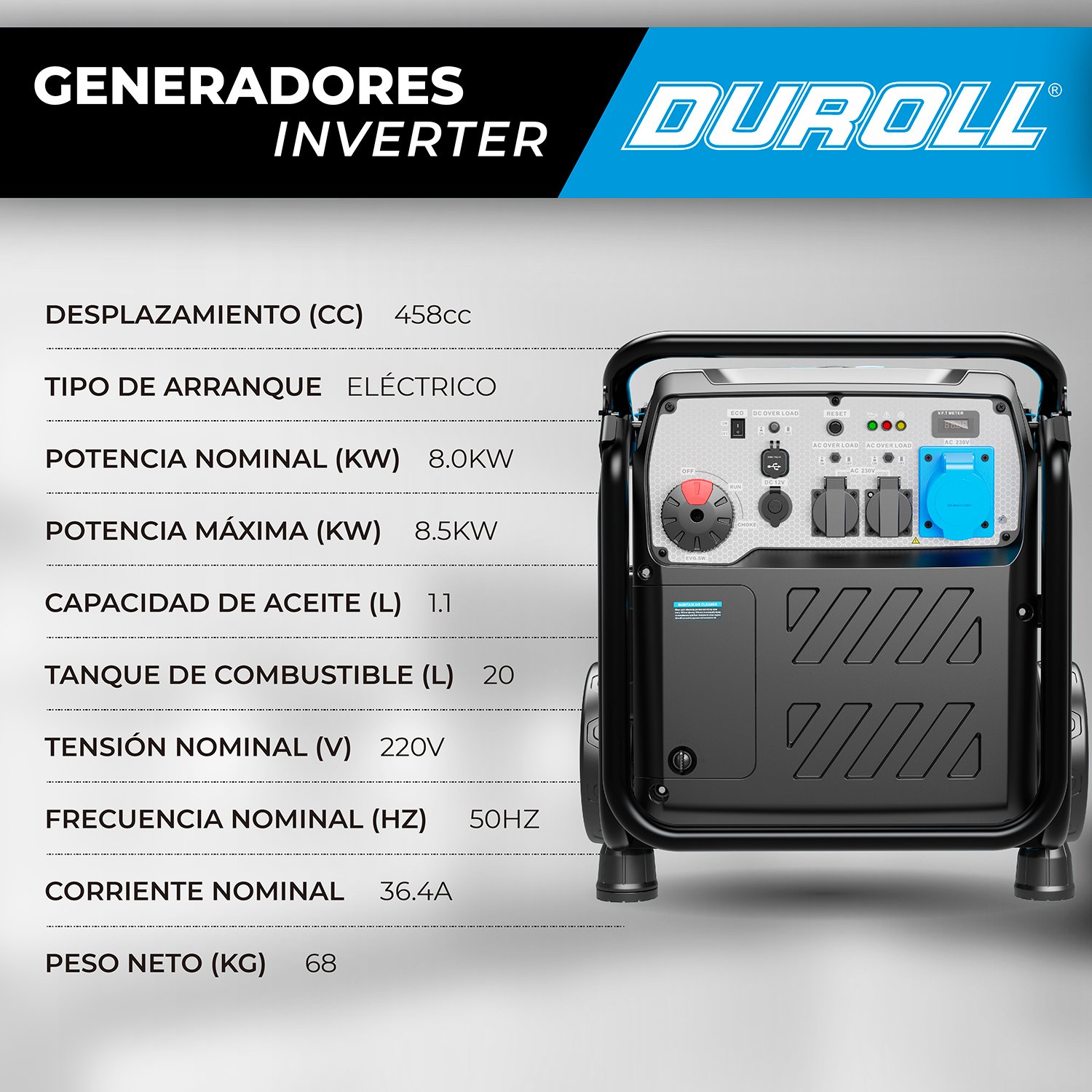 Generador Inverter Duroll 8,5 kW 458 cc – Arranque Eléctrico / Puerto USB + Tipo C / Batería de Litio / Alta Potencia - Image 3