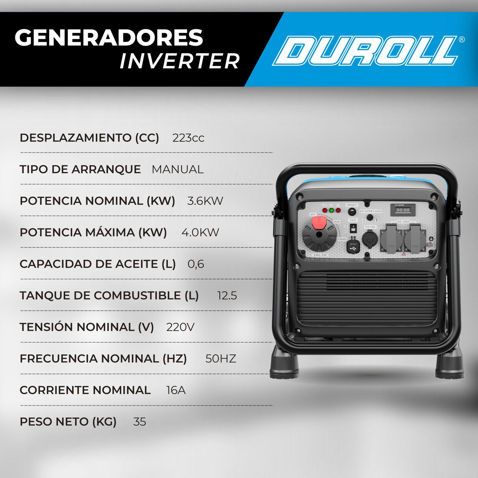 Generador Inverter Duroll 4,0 kW 223 cc – Arranque Eléctrico / Puerto USB + Tipo C / Batería de Litio / Silencioso - Image 3