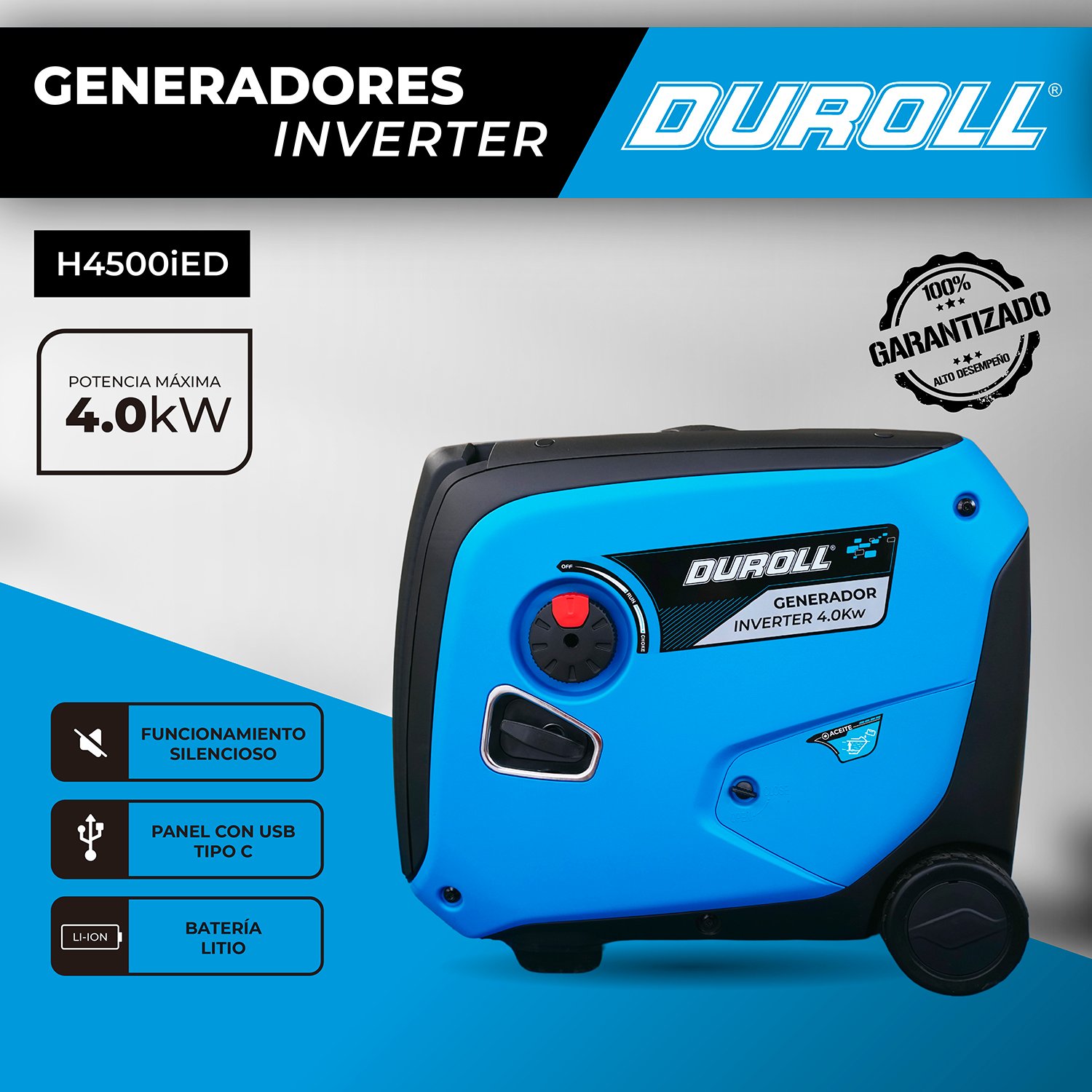 Generador Inverter Duroll Insonoro 4,0 kW 223 cc – Arranque Eléctrico / Silencioso / Panel con USB y Tipo C / Batería de Litio - Image 4