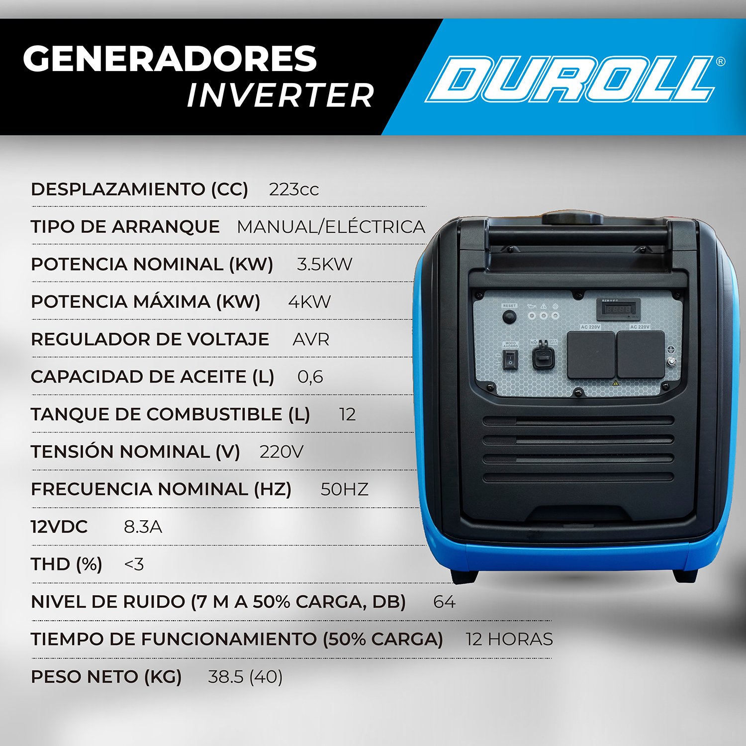 Generador Inverter Duroll Insonoro 4,0 kW 223 cc – Arranque Eléctrico / Silencioso / Panel con USB y Tipo C / Batería de Litio - Image 3