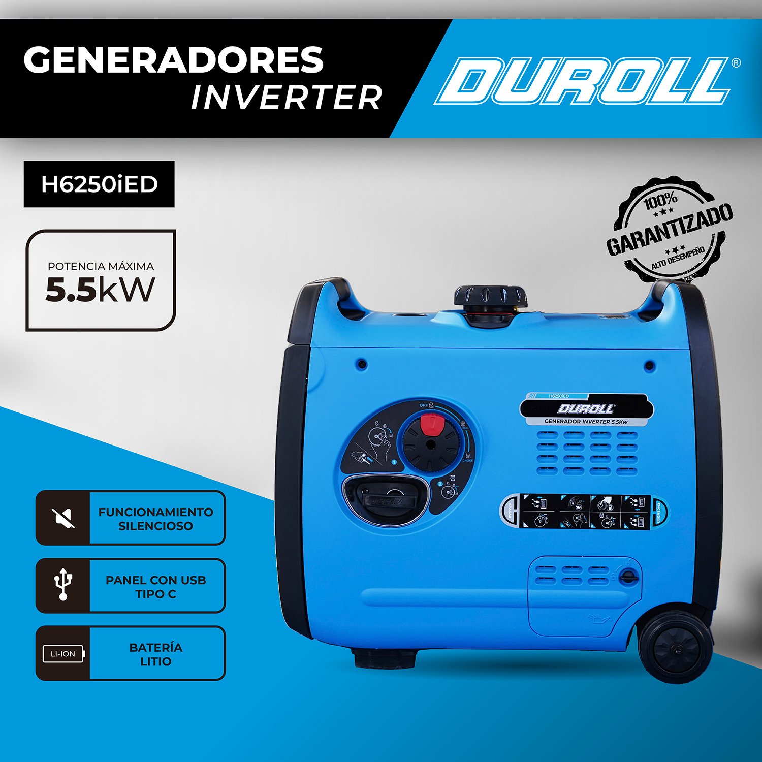 Generador Inverter Duroll Insonoro 5,5 kW 223 cc – Arranque Eléctrico / Silencioso / Panel con USB y Tipo C / Batería de Litio - Image 4