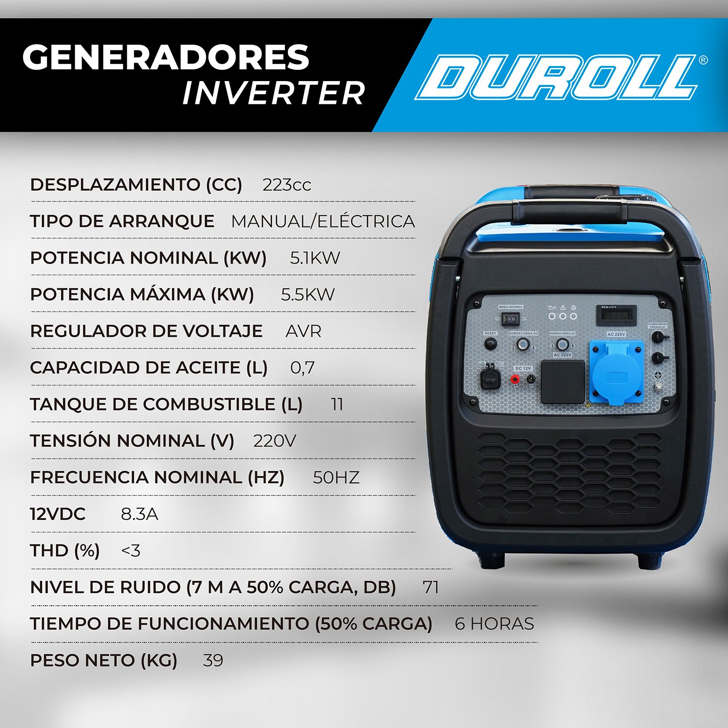 Generador Inverter Duroll Insonoro 5,5 kW 223 cc – Arranque Eléctrico / Silencioso / Panel con USB y Tipo C / Batería de Litio - Image 3