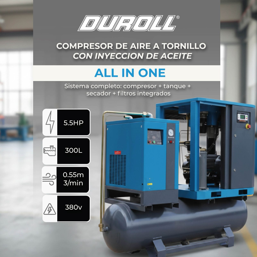 Compresor a Tornillo 5.5HP DUROLL All In One – 380V Trifásico / 550 L/min / Tanque 300L