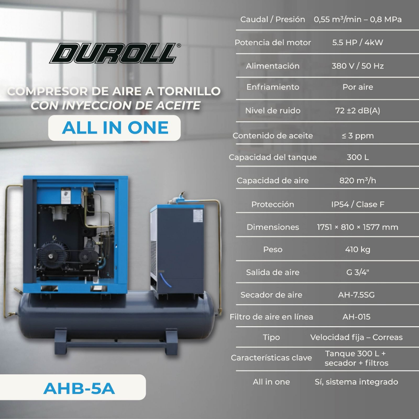 Compresor a Tornillo 5.5HP DUROLL All In One – 380V Trifásico / 550 L/min / Tanque 300L - Image 4