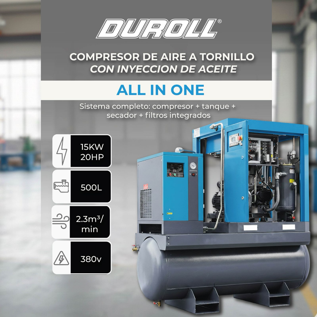 Compresor a Tornillo 20HP DUROLL All In One – 380V Trifásico / 2300 L/min / Tanque 500L