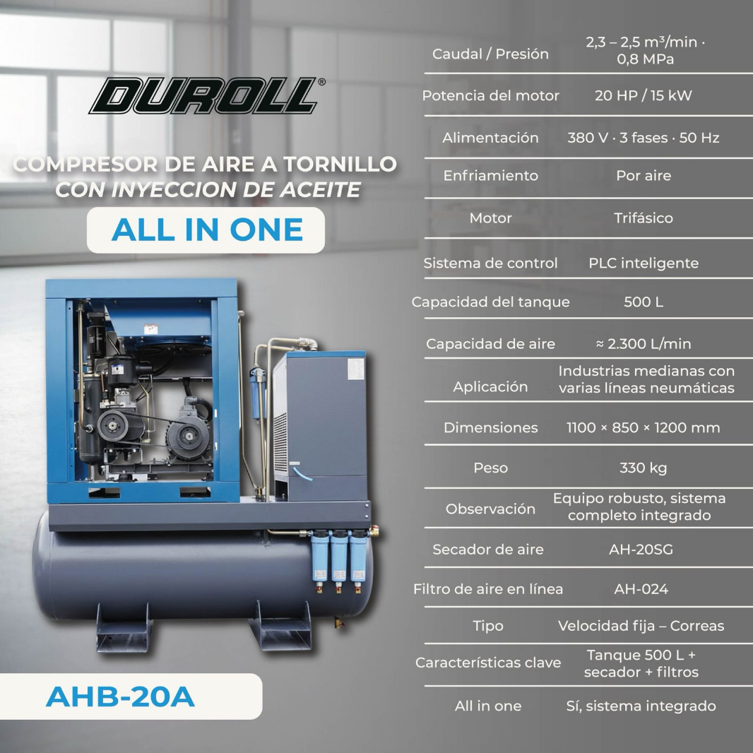Compresor a Tornillo 20HP DUROLL All In One – 380V Trifásico / 2300 L/min / Tanque 500L - Image 2