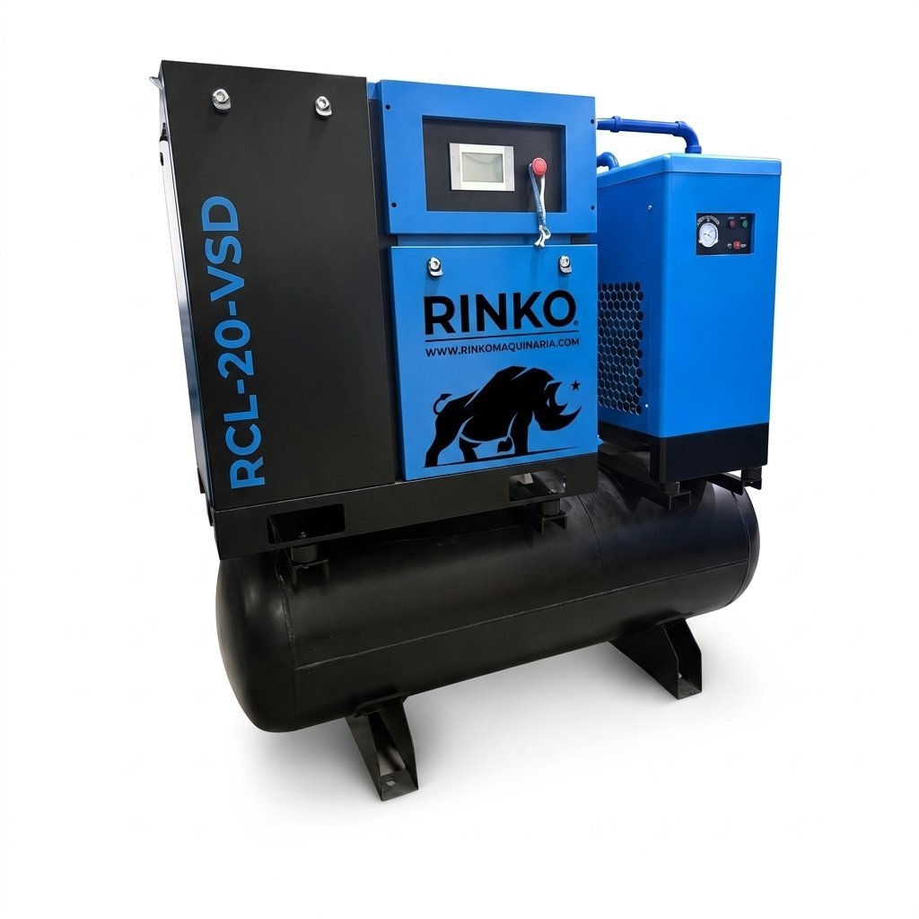 Compresor para Máquina Láser Rinko RCL-20-VSD – 4 en 1 / 20 HP / 16 bar / Velocidad Variable / Tanque 500 L + Secador + Filtros