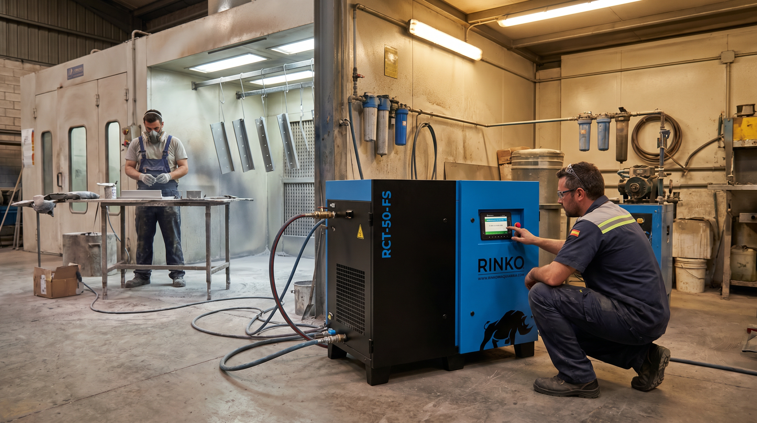 Cómo usar el Compresor a Tornillo Rinko RCT-50-FS en una planta de pintura industrial a 8 bar