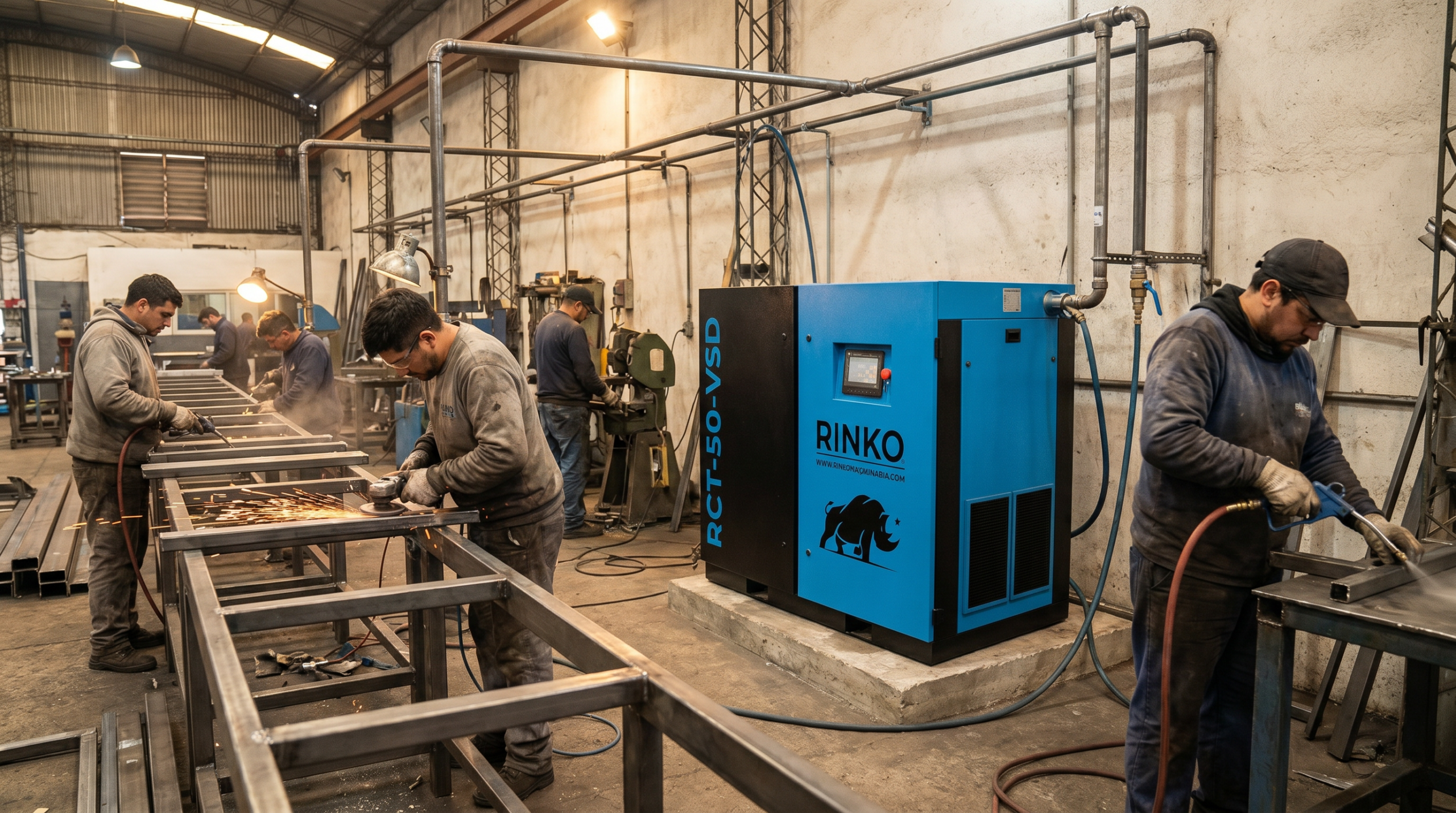 Cómo usar un compresor a tornillo 50 HP para sostener varios puestos neumáticos en un taller metalúrgico