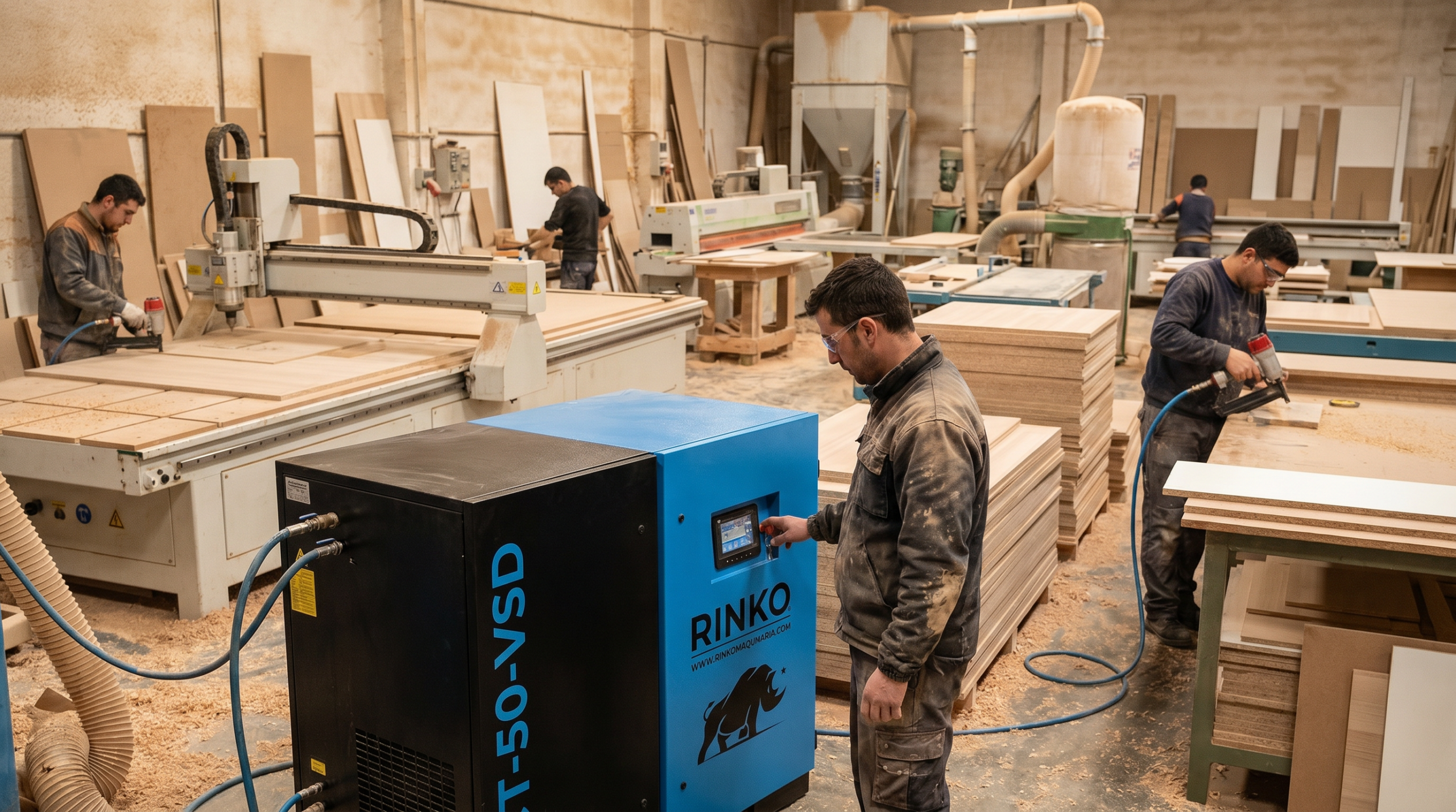 Cómo usar un compresor industrial para carpintería cuando conviven CNC, seccionadora, prensas y soplado técnico