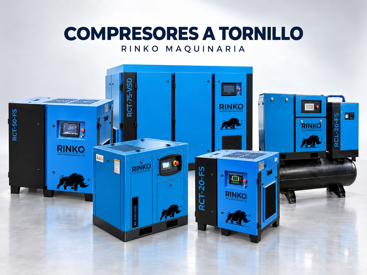Compresores de tornillo Rinko: RCT-50-FS, RCT-75-VSD, RK-1010 VSD, RCT-20-FS y RCL-20-FS